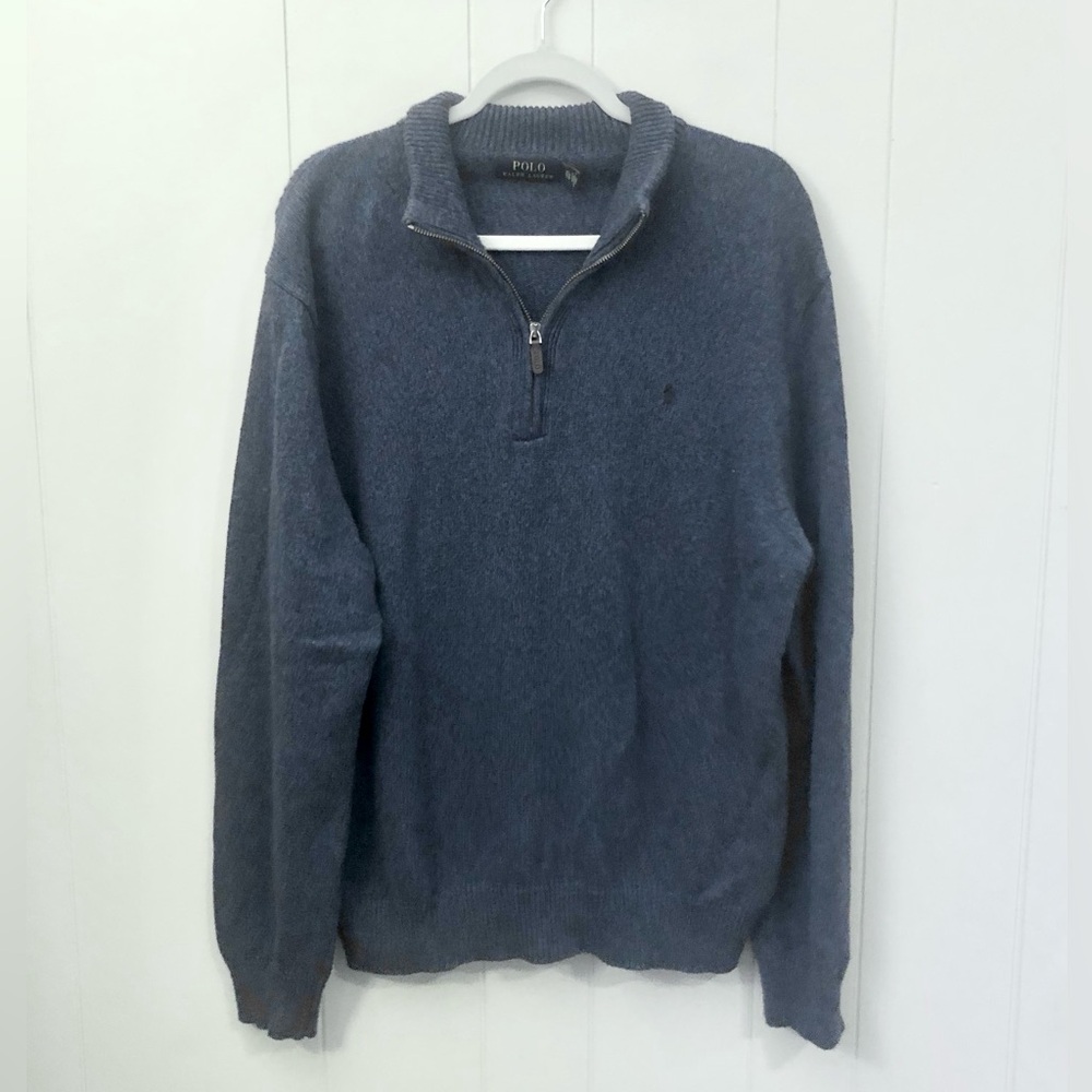 Polo Ralph Lauren 1/4 Zip Sweater Pullover Navy Blue Logo Horse 100% Cotton XL